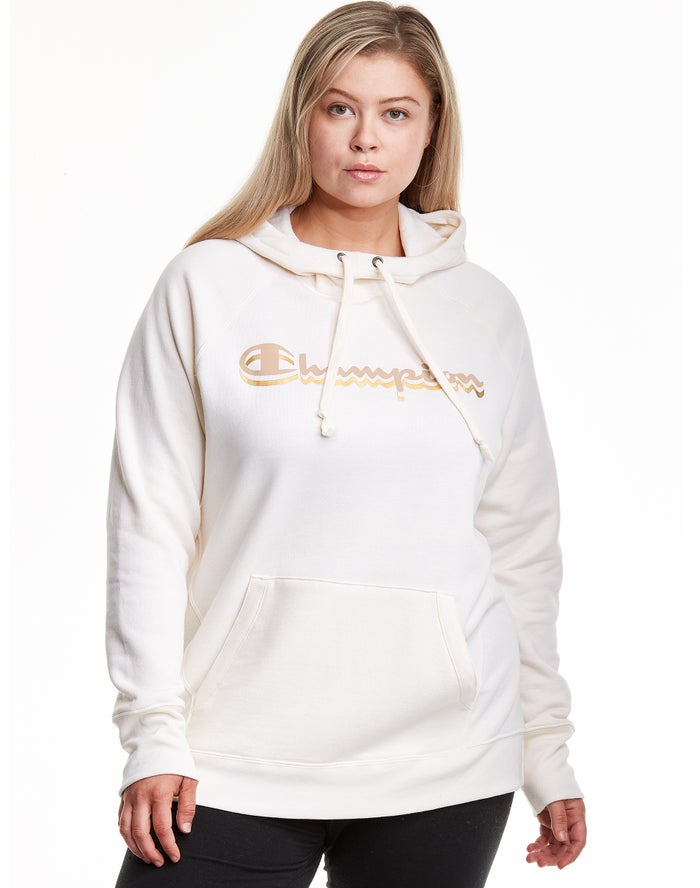 Champion Dame Hættetrøje Hvide - Plus Powerblend Fleece Drop Shadow Foil Script Logo - Danmark UKJ-9